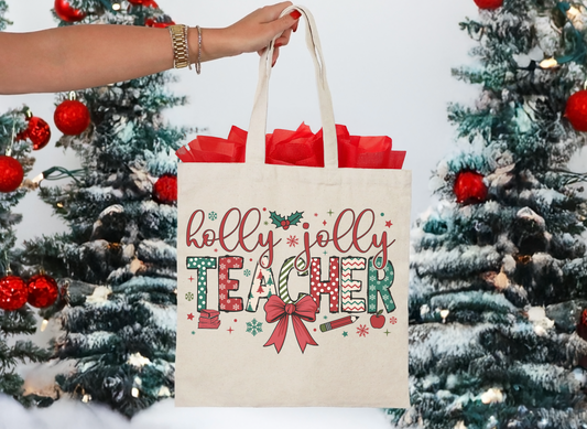 Holly Jolly Teacher Canvas Tote